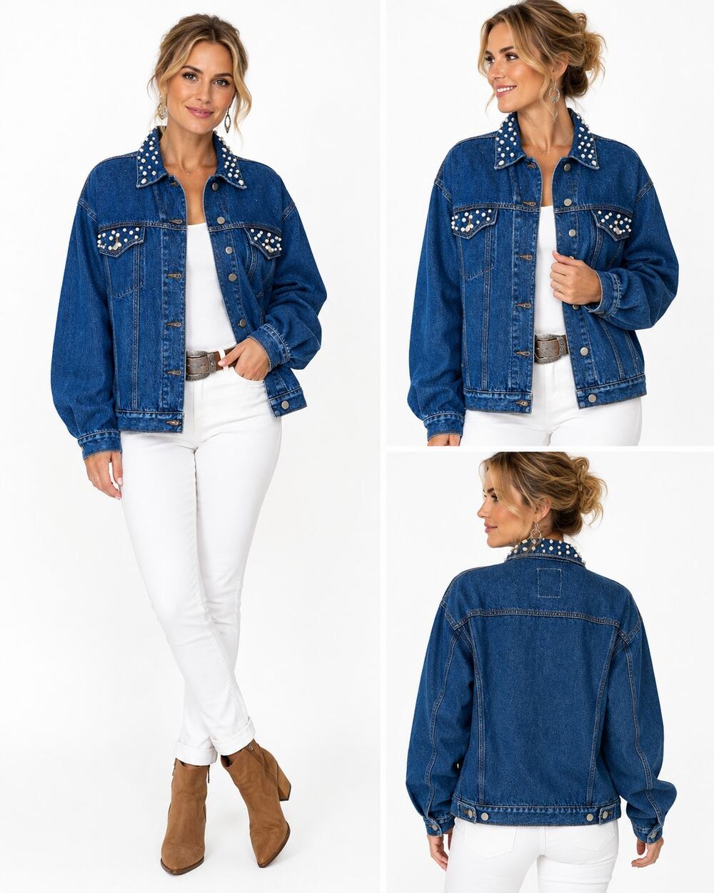 VTG Andrew’s Blues Denim Jacket Womens M Pearl Embellished Western Jean Trucker
